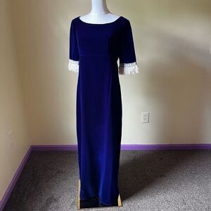 Vintage 1960s Royal Blue Velvet Maxi‎ Dress w/ Lace Cuff Sleeves Small